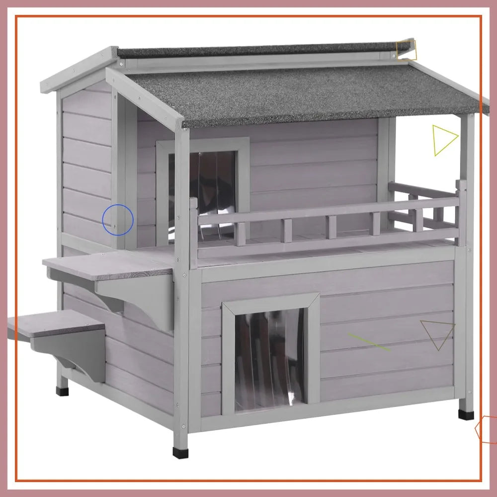 Outdoor Cat House Weatherproof Wooden Two-Story Shelter With Sunbath Balcony