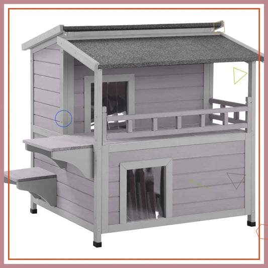Outdoor Cat House Weatherproof Wooden Two-Story Shelter With Sunbath Balcony