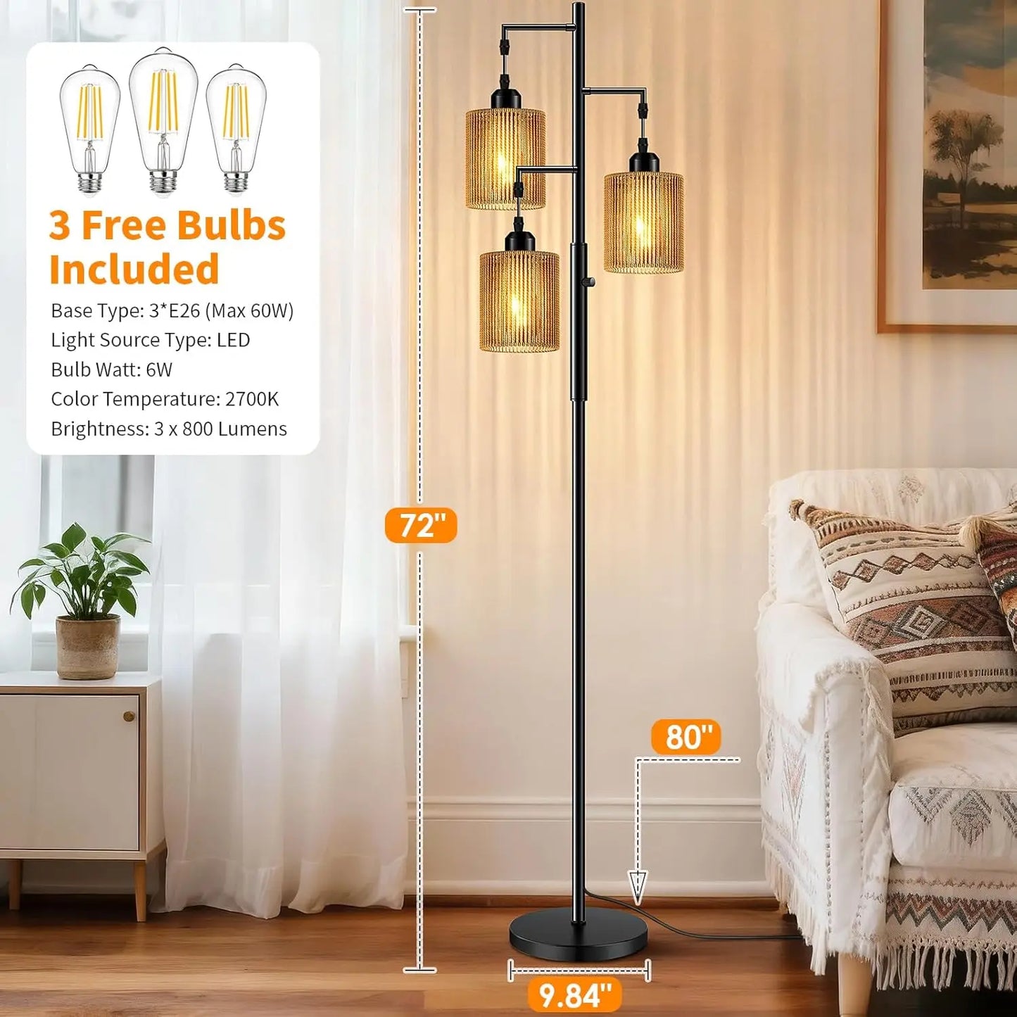 Rattan Boho Floor Lamp With Dimmable Light And LED Bulbs