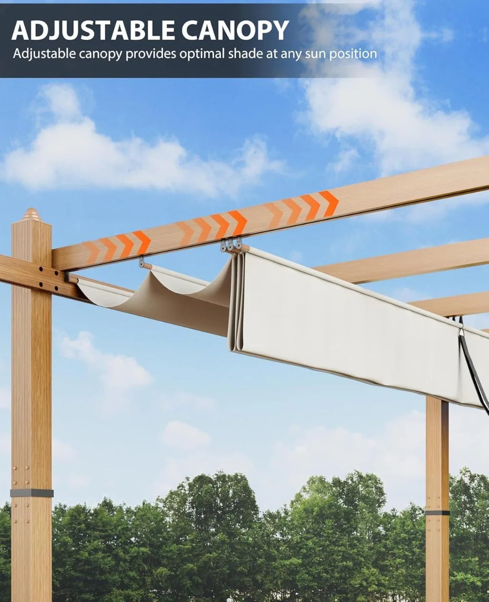 Outdoor Aluminum Pergola With Retractable Sun Shade Canopy UV Protection