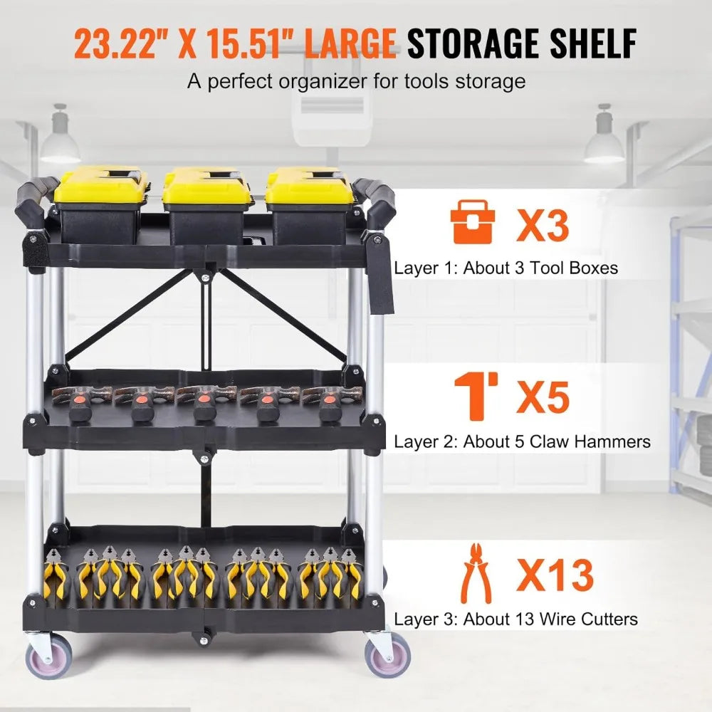 Foldable Heavy-Duty 3-Shelf Rolling Cart With Locking Wheels 165LBS