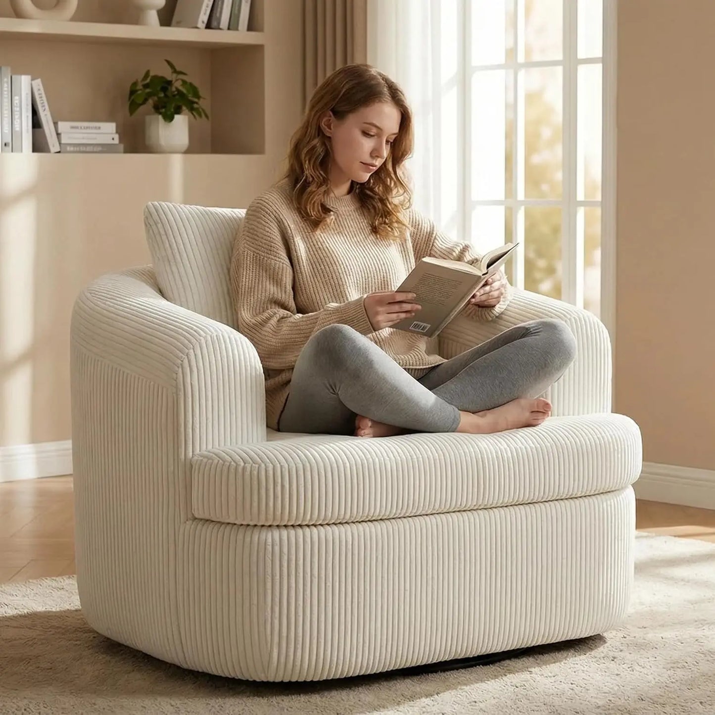 Corduroy Swivel Barrel Accent Chair With Cushioned Comfort