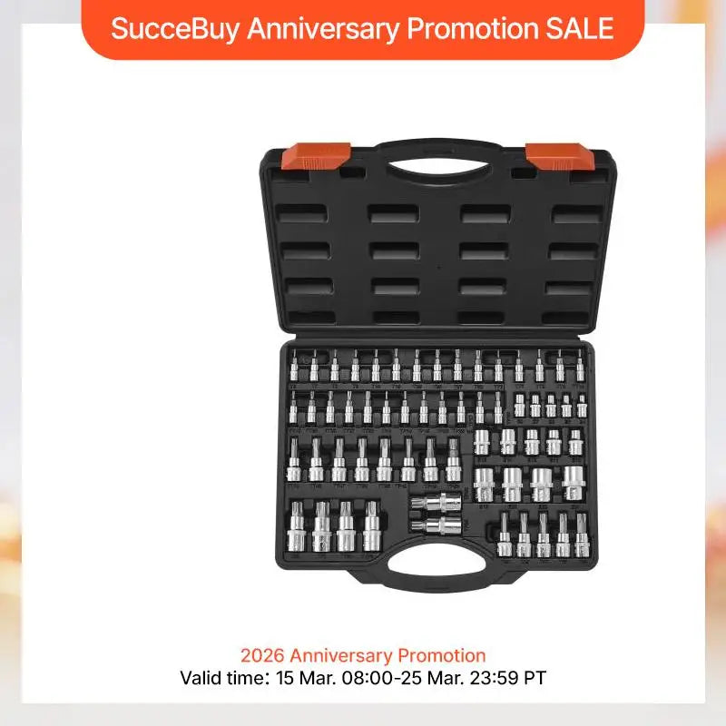 SucceBuy Torx Bit Socket and External Torx Socket Set 60-Piece T6-T70 TT6-TT70 TP8-TP60 E4-E24 S2 Alloy Steel and Cr-V Steel