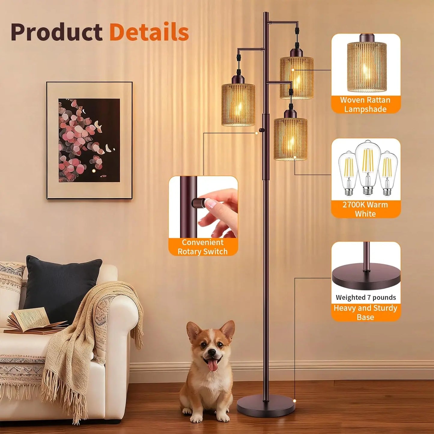 Rattan Boho Floor Lamp With Dimmable Shades Bulbs Included