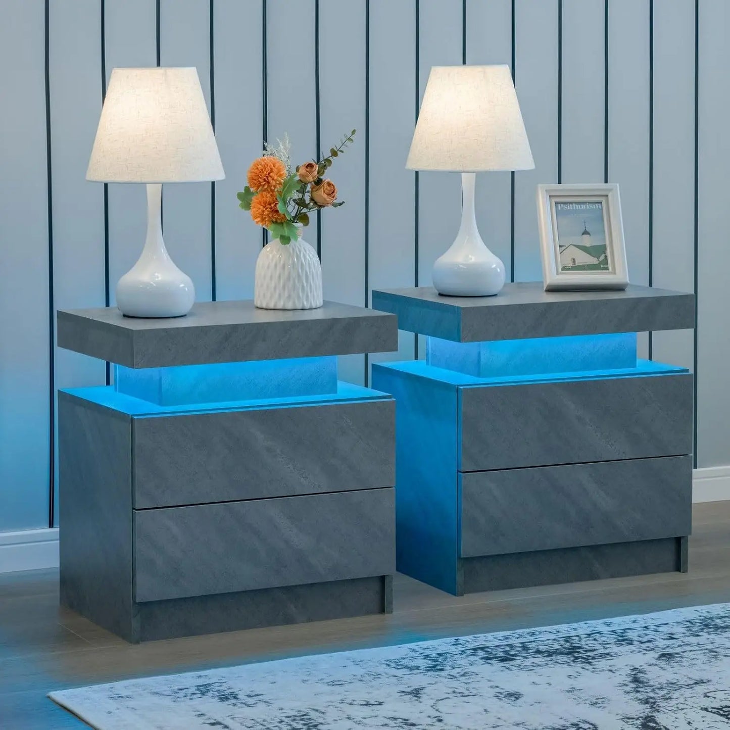 Modern Wood Two Nightstands Set With LED Lighting And Drawers