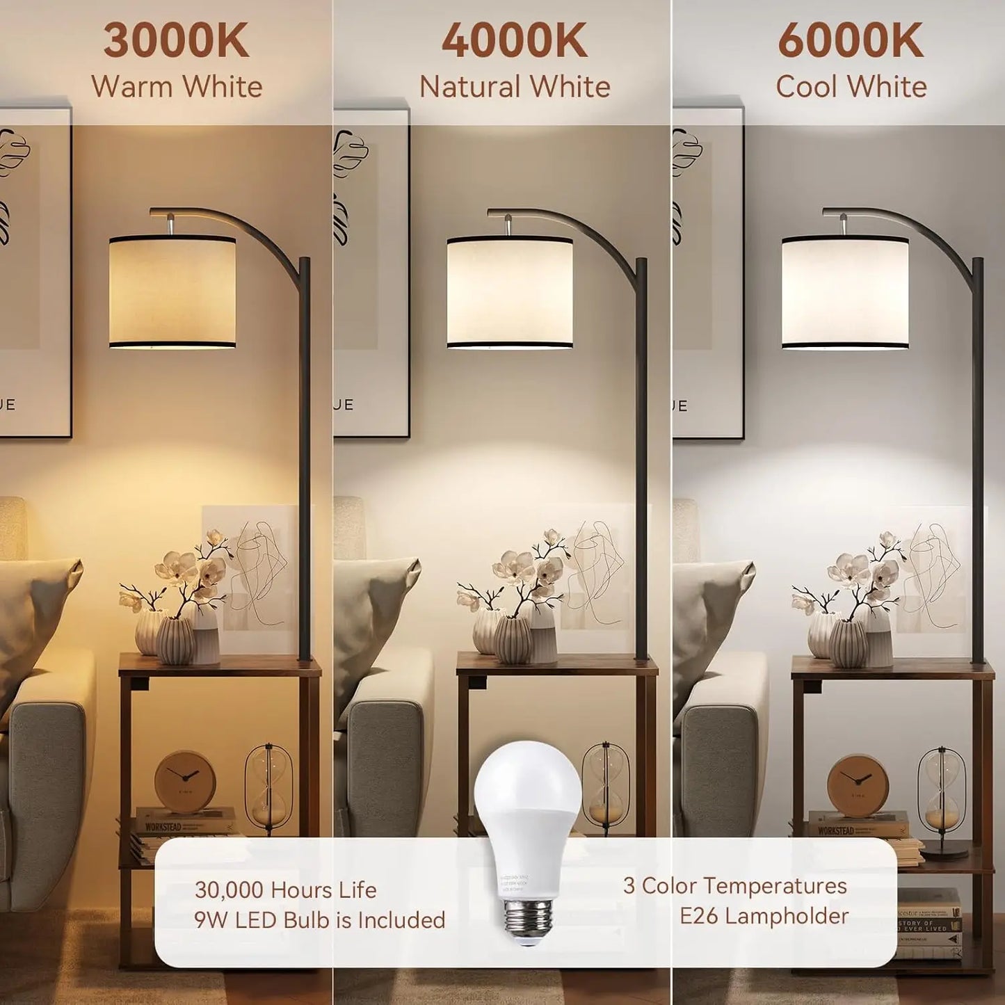 Floor Lamp With Side Table USB Ports And Adjustable Head