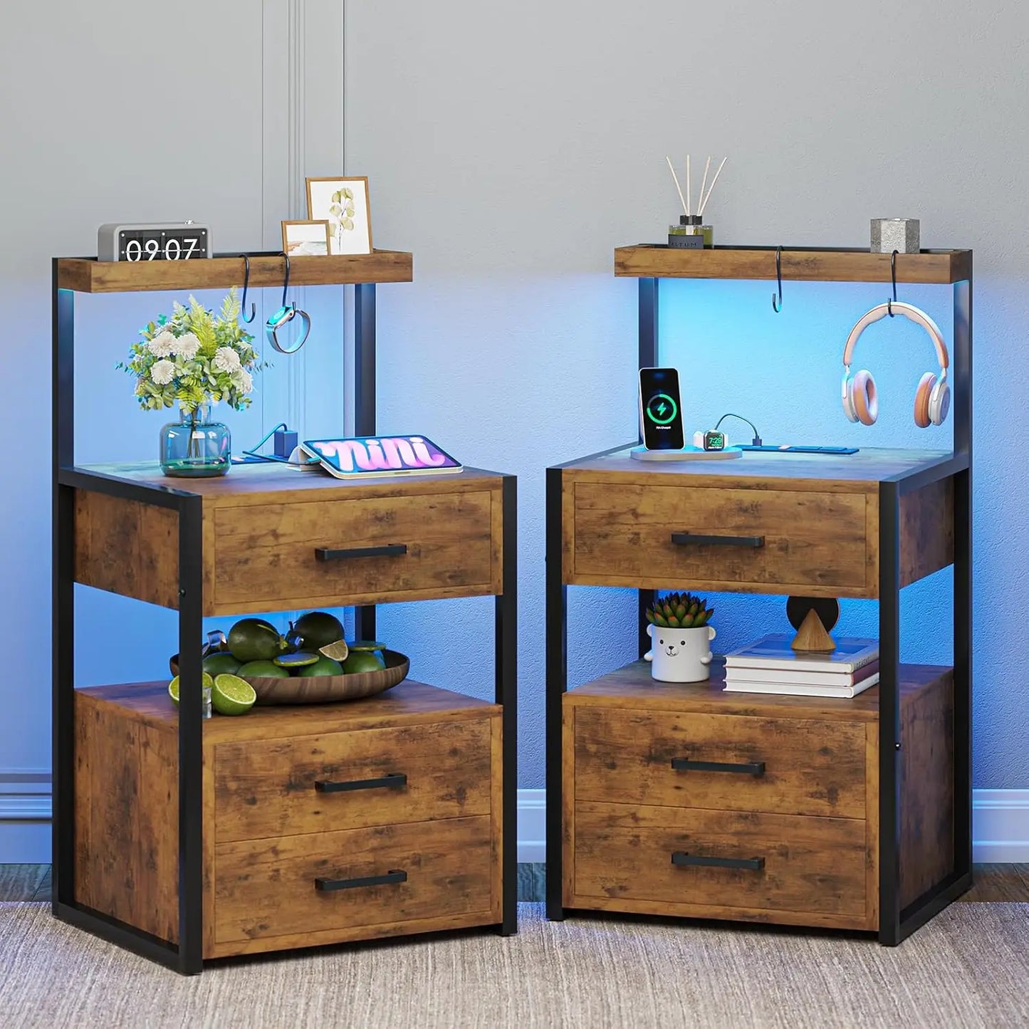 Guangbai Nightstands Set Of 2 With LED Charging Station