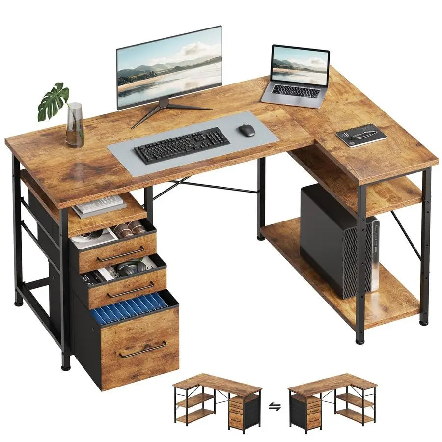 XMSJ L Shaped Desk with Drawers for Corner Space Storage
