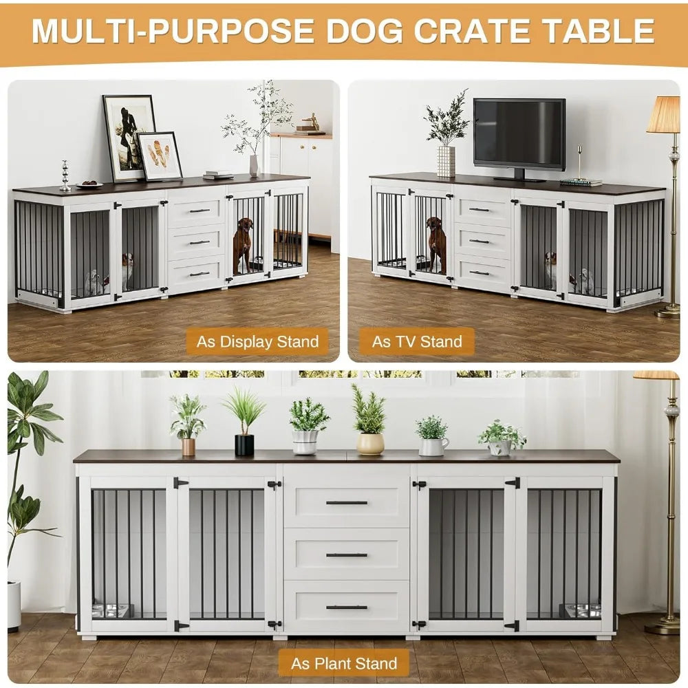 DAFIFY Double Wooden Dog Crate Furniture With Bowls And Drawers