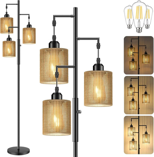 Rattan Boho Floor Lamp With Dimmable Light And LED Bulbs