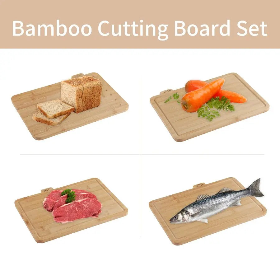 Bamboo Cutting Board Set Of 4 With Holder And Icons