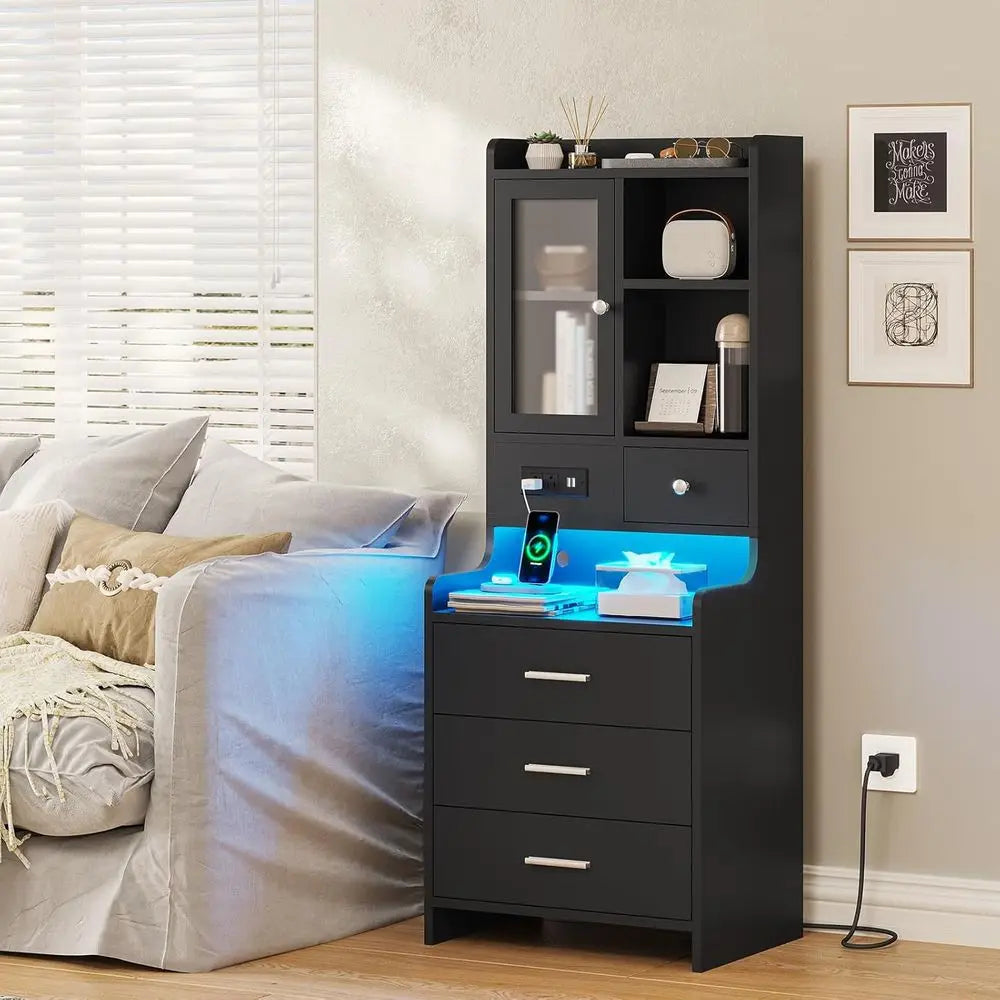 Dual LED Nightstand Set With Charging Station And Bookshelf