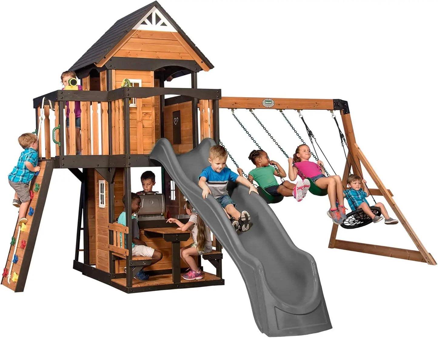 Cedar Wood Outdoor Swing Set With Wave Slide And Play Kitchen