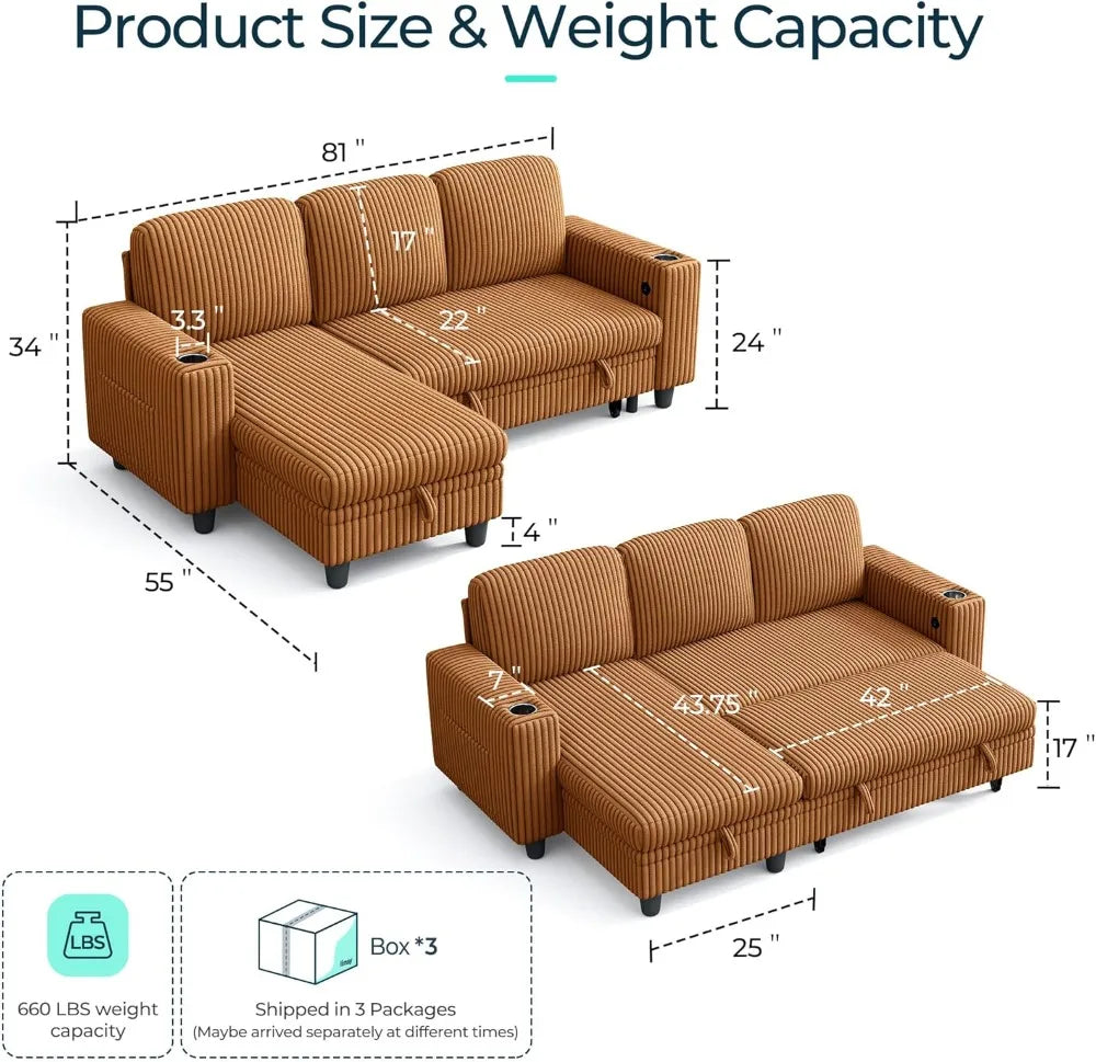 Convertible Sleeper Sofa With Storage And USB Charging Corduroy Couch
