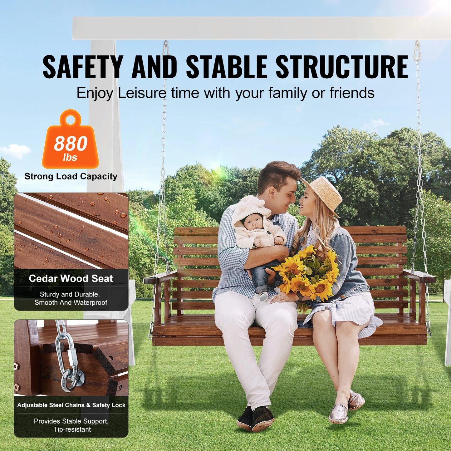 SucceBuy Wooden Porch Swing For Patio Outdoor Courtyard Load Capacity