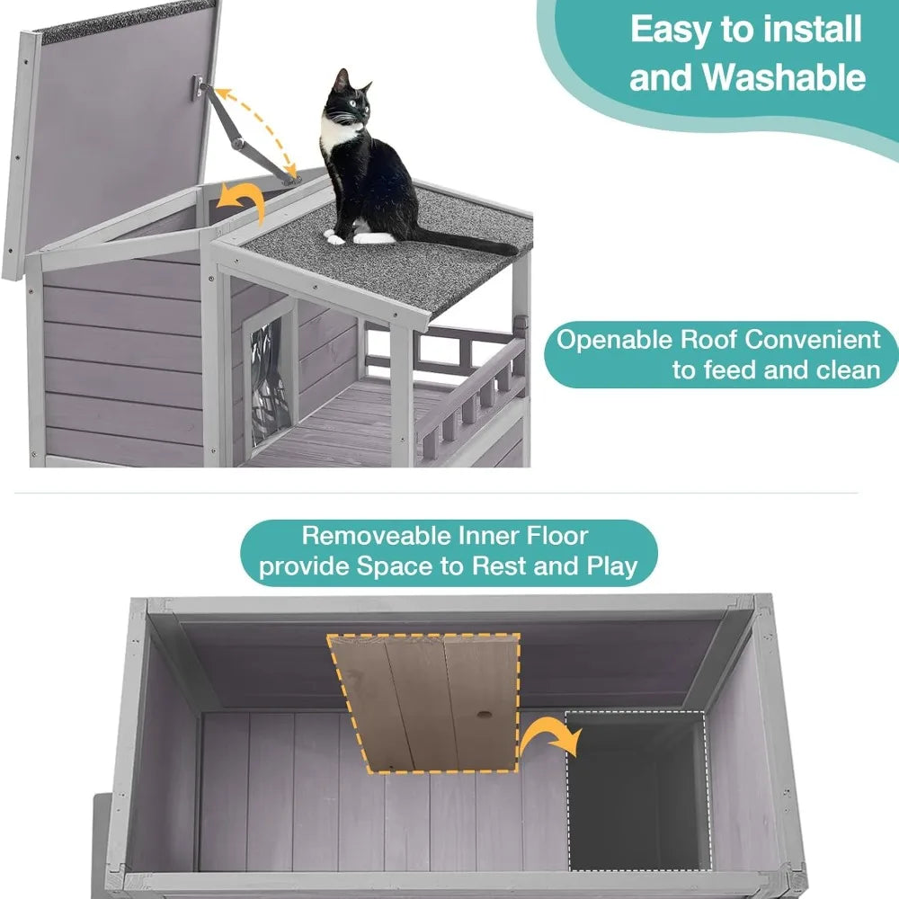 Outdoor Cat House Weatherproof Wooden Two-Story Shelter With Sunbath Balcony