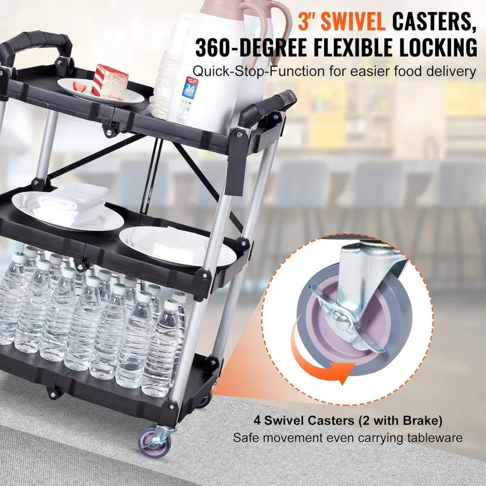 Foldable Heavy-Duty 3-Shelf Rolling Cart With Locking Wheels 165LBS