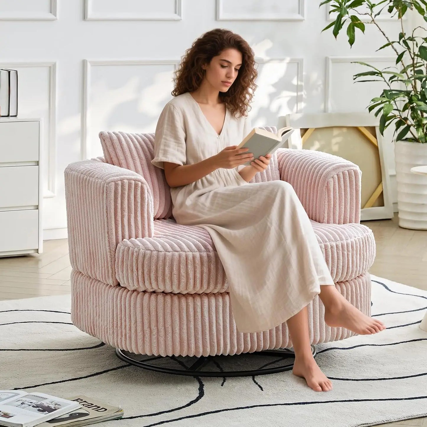 Oversized Swivel Round Chair In Soft Corduroy Lounge