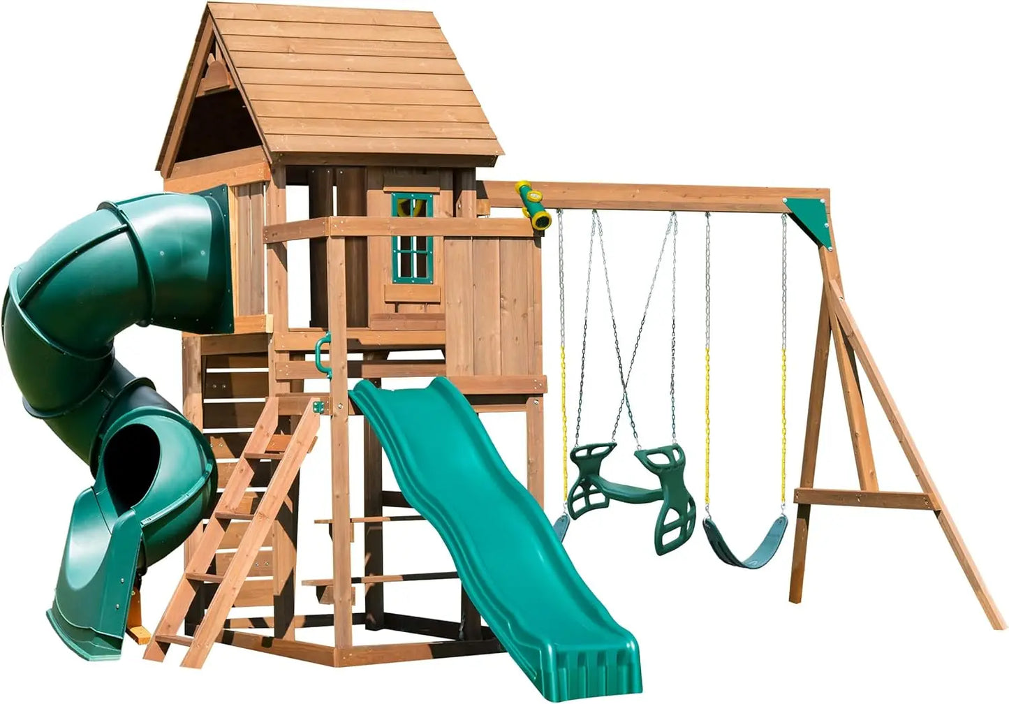 Treehouse Wooden Swing Set Tube Slide Wave Slide Climbing Wall