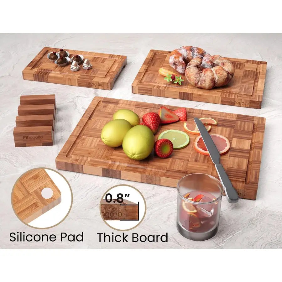 End Grain Bamboo Cutting Board Set With Juice Groove Holder