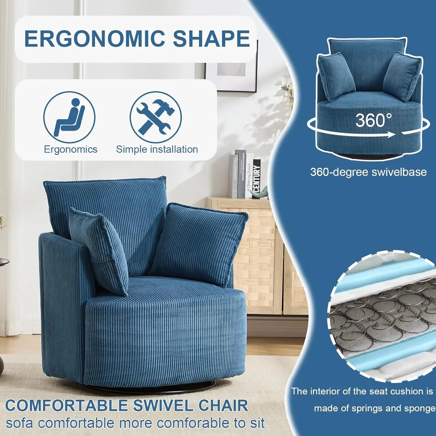 Corduroy Upholstered Swivel Barrel Chair Living Room Customized