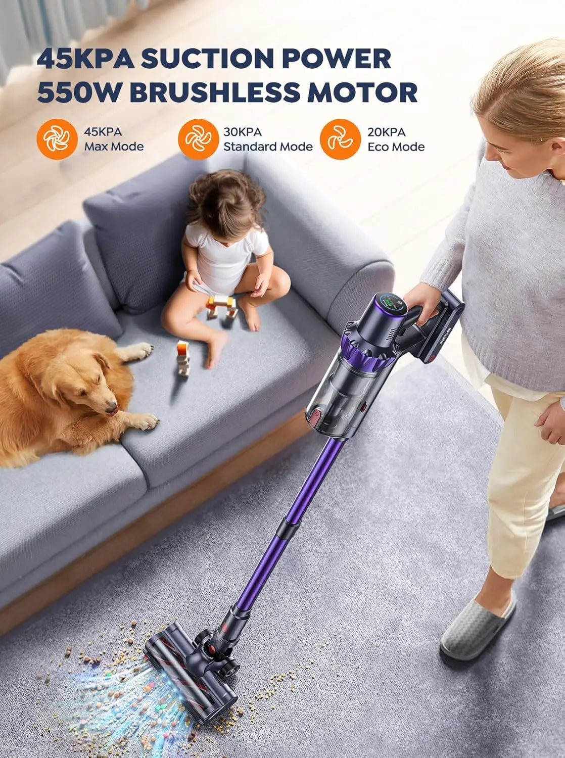 Cordless Vacuum Cleaner With 2 Batteries And 45KPa Suction