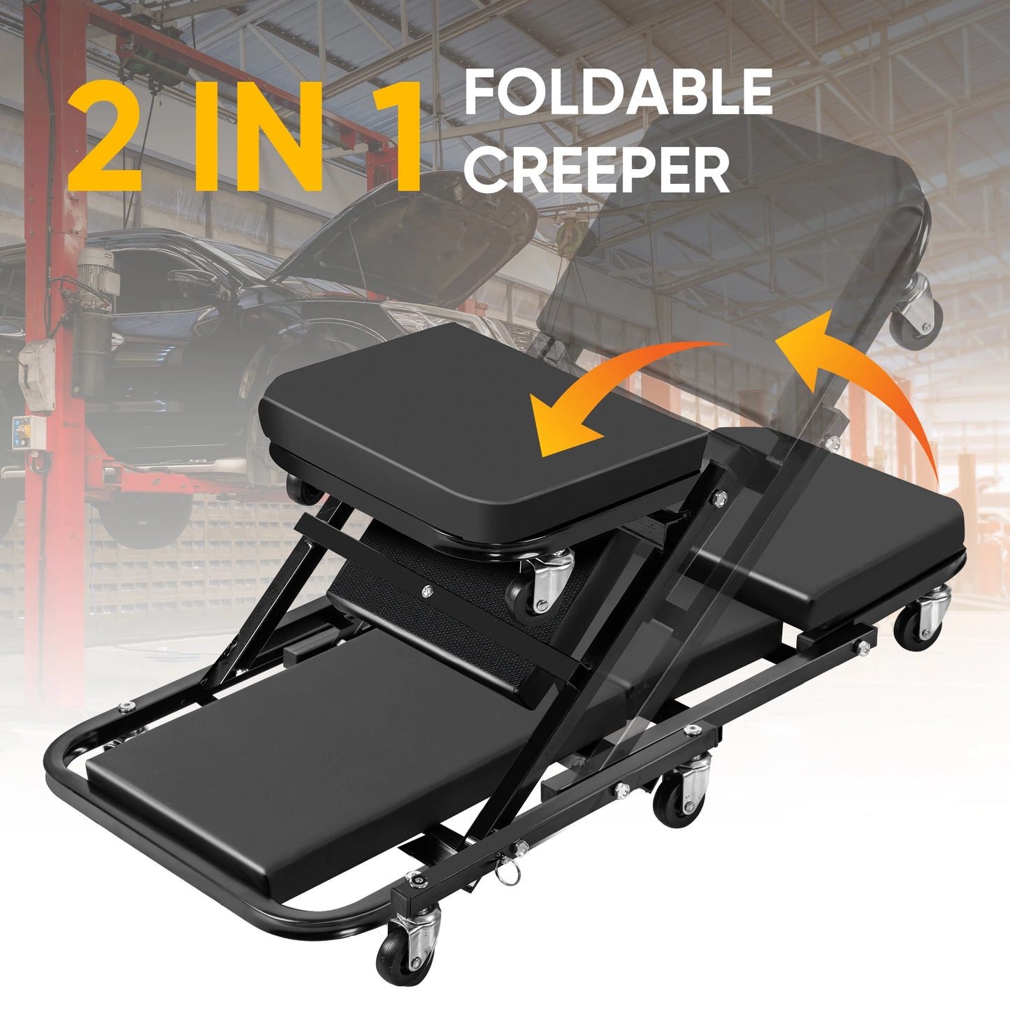 Deli 2 In 1 Z Creeper Seat Folding Mechanic Stool 300 Lb Capacity