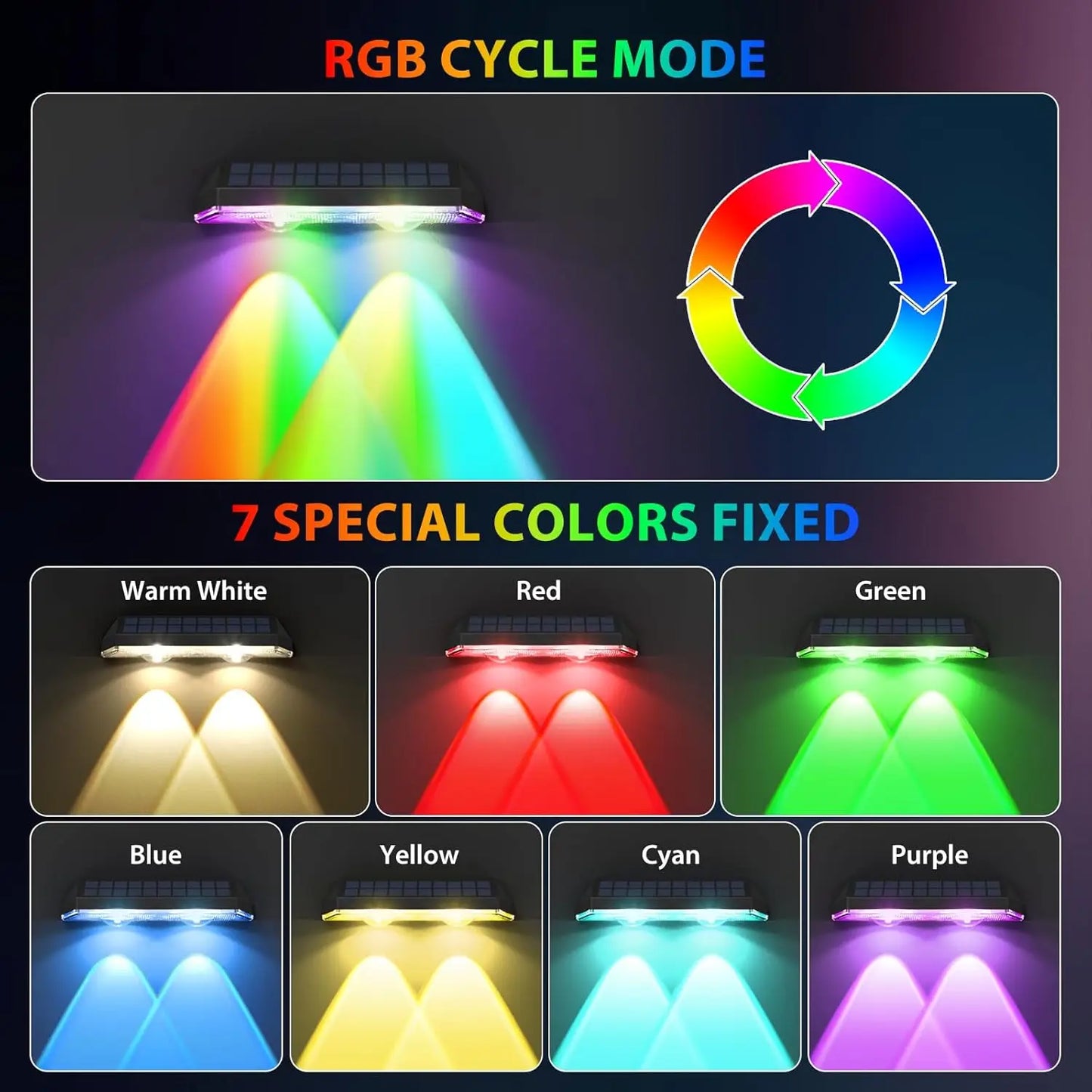 XMSJ Solar Fence Lights RGB and Warm White Dusk To Dawn Outdoor Waterproof