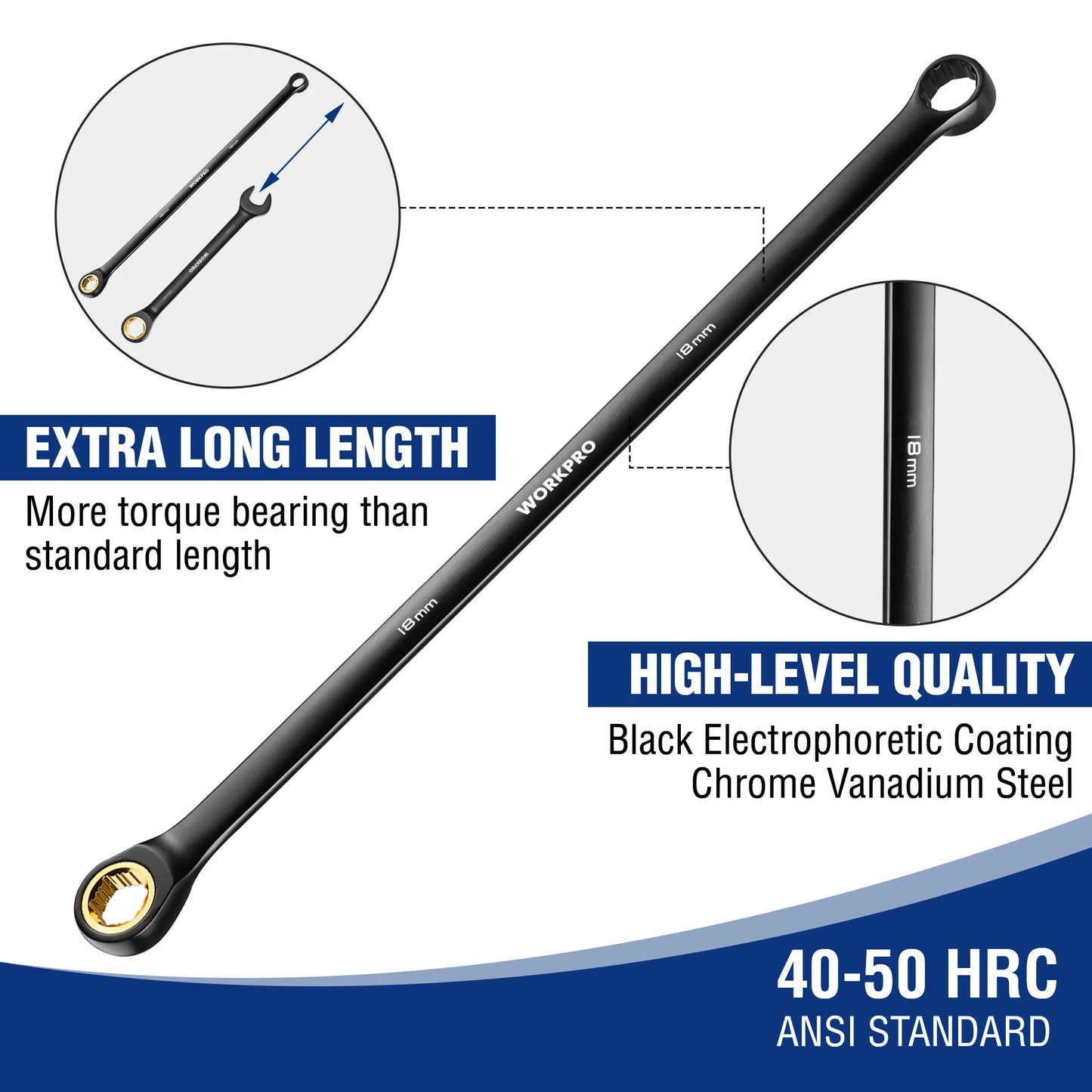 WORKPRO 10pcs 72-Teeth Extra Long Ratcheting Wrench Set Metric 8-19 mm Cr-V Steel and Black Electrophoretic Coating