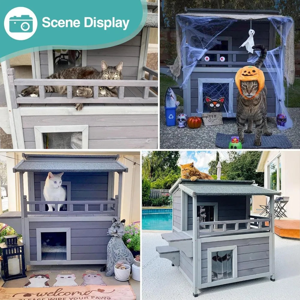 Outdoor Cat House Weatherproof Wooden Two-Story Shelter With Sunbath Balcony