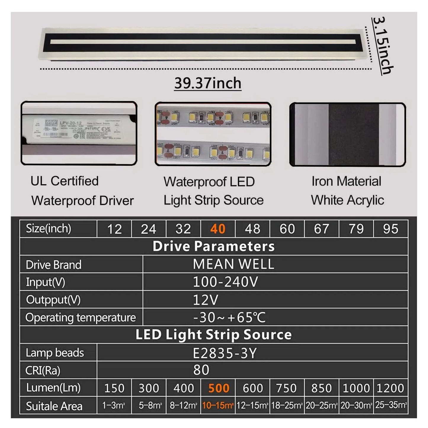 Modern Outdoor Long Strip LED Wall Lighting Fixture IP67