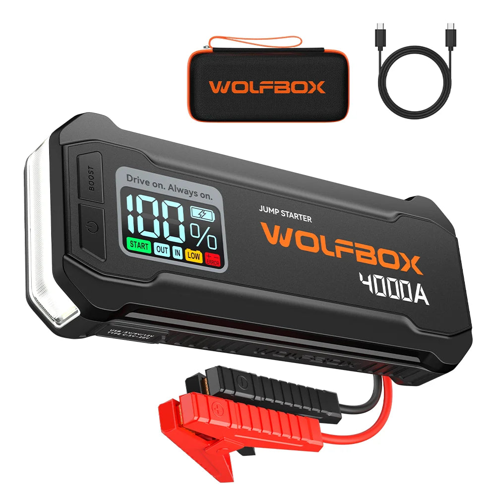 WOLFBOX JS24 4000A Car Battery Jump Starter, 24000mAh for 8L Gas 6L Diesel Engine with Booster, 2 Years Free Warranty