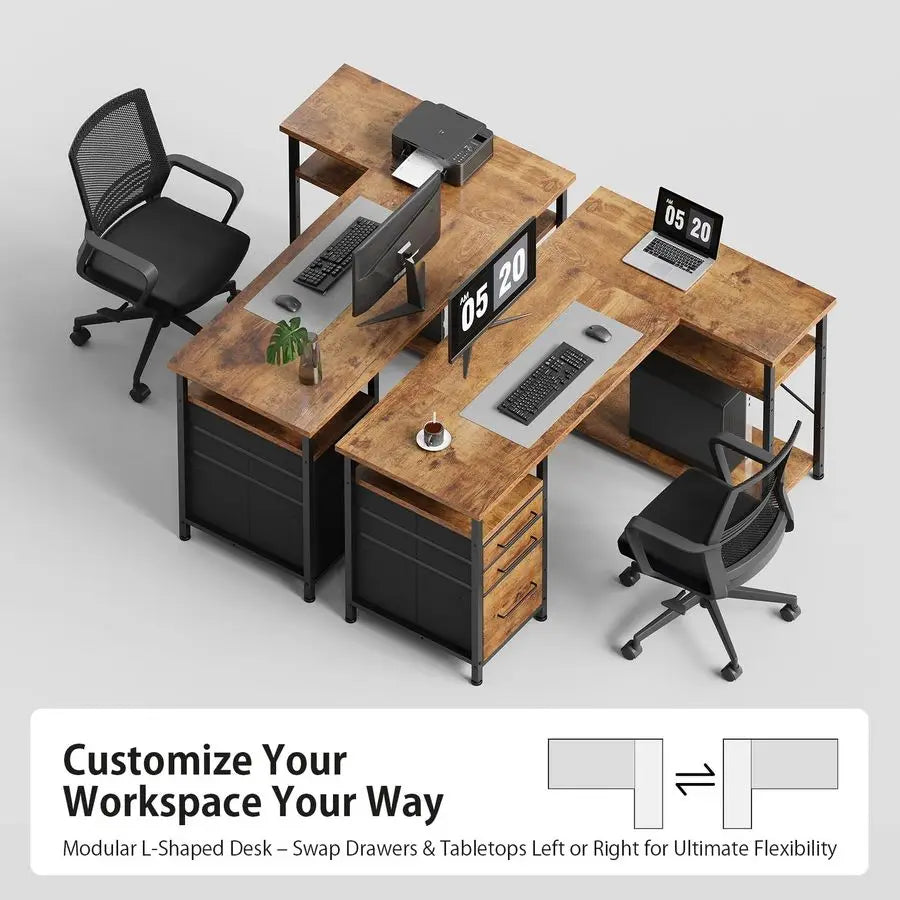 XMSJ L Shaped Desk with Drawers for Corner Space Storage