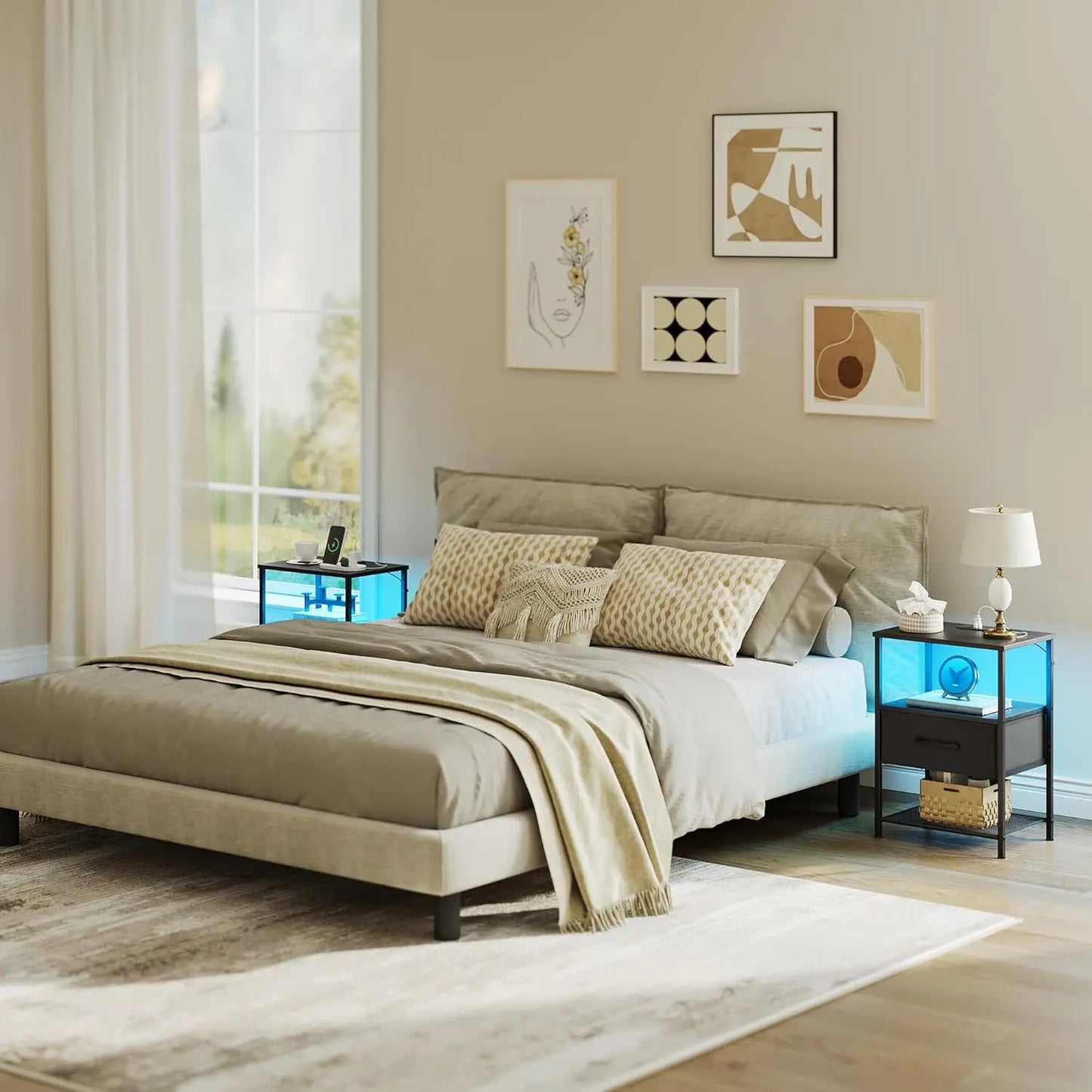Two-Piece Night Stand Set With Charging Station And LED Lights