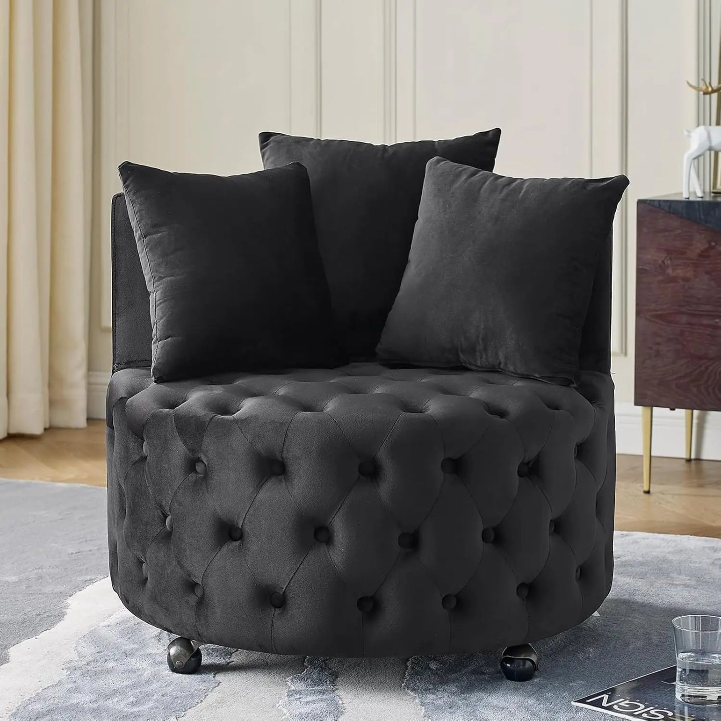 Velvet 360° Swivel Barrel Chair With Movable Wheels
