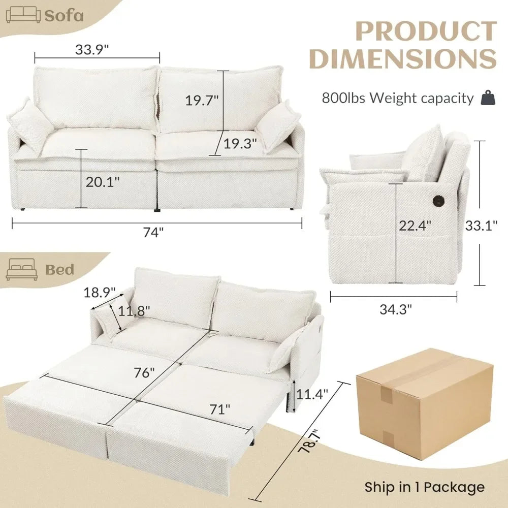 Corduroy L Shaped Pull Out Sofa Bed With USB Charger