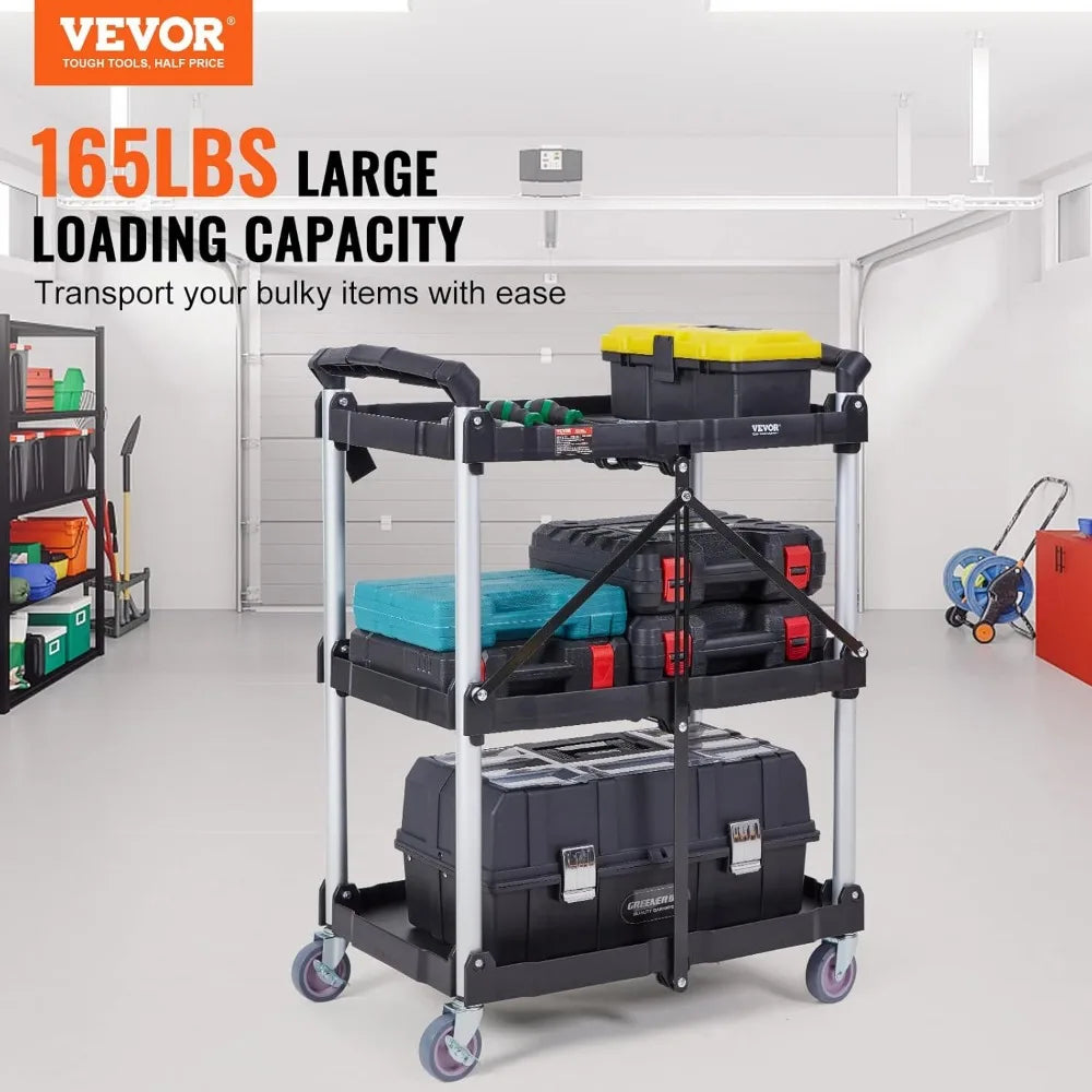 Foldable Heavy-Duty 3-Shelf Rolling Cart With Locking Wheels 165LBS