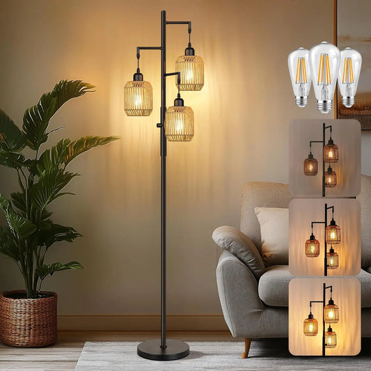 Dimmable Boho Floor Lamp 3 Light Farmhouse Rattan Design