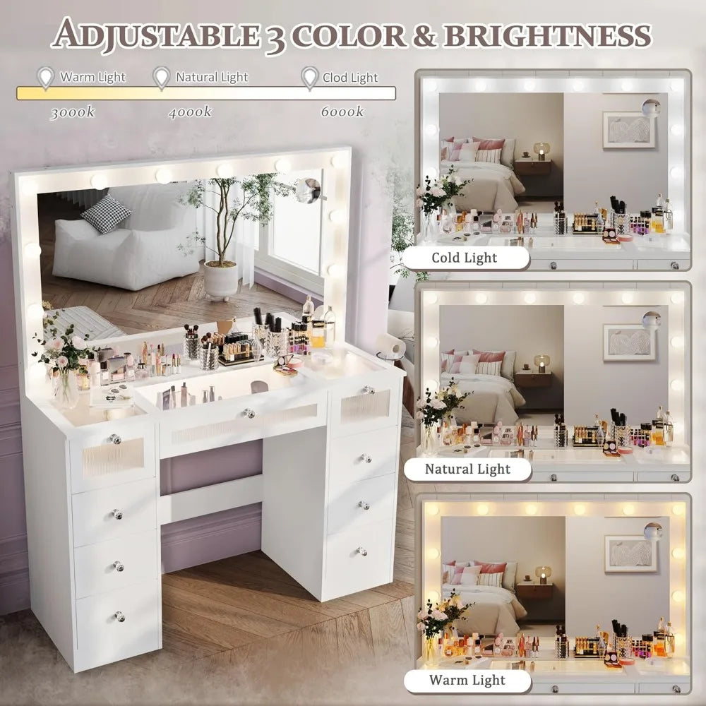 Makeup Vanity Desk With Lights Mirror Charging Station