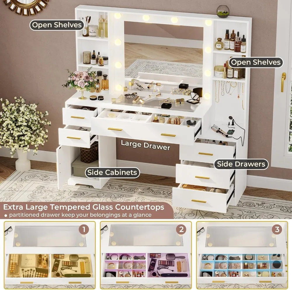 Vanity Desk With Lighted Mirror USB Outlets Drawers Storage