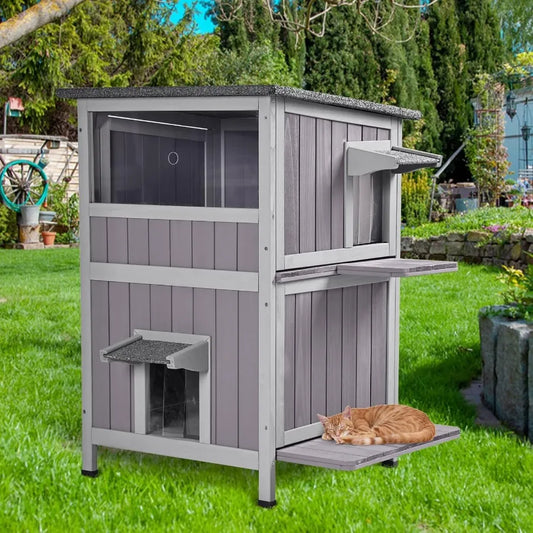 NONECN Two-Story Wooden Outdoor Cat House With Escape Doors
