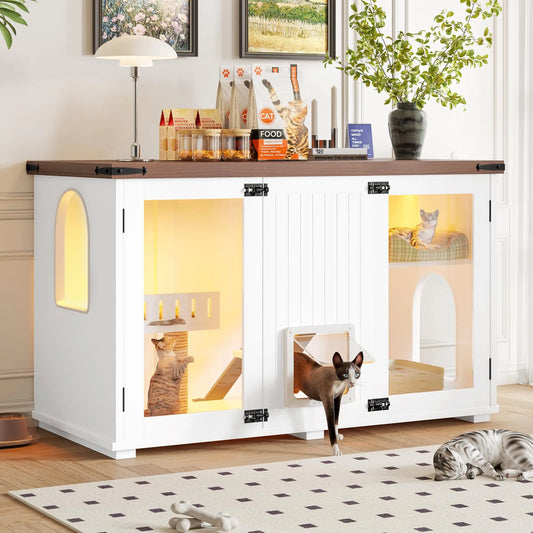 Cat House Hidden Litter Box Enclosure With Led Light, Scratch Pad, Smart Doors