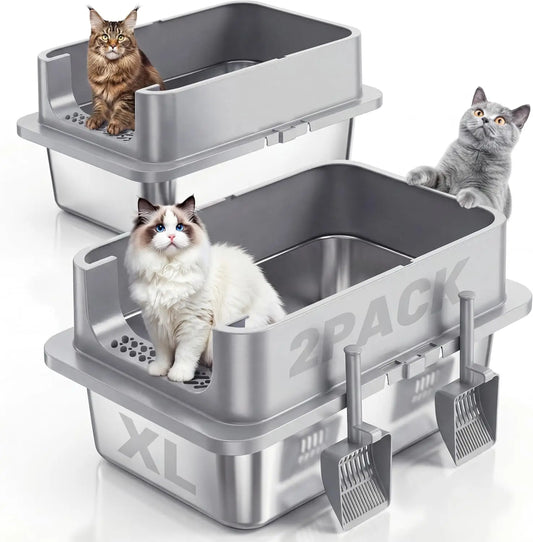 2-Pack Stainless Steel Cat Litter Box With Lid, Leak-Proof Odor-Resistant