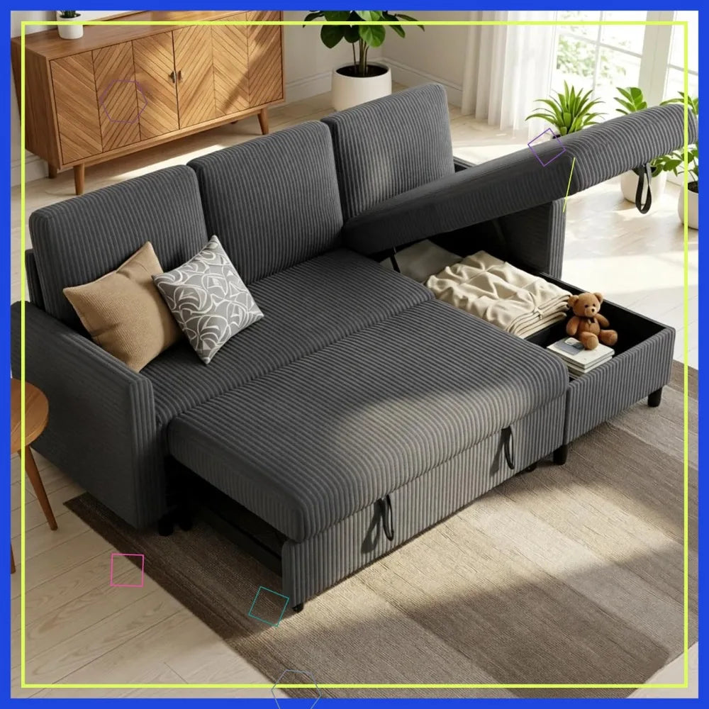 L-Shaped Corduroy Sofa Bed With Hidden Storage And Pull-Out Sleeper