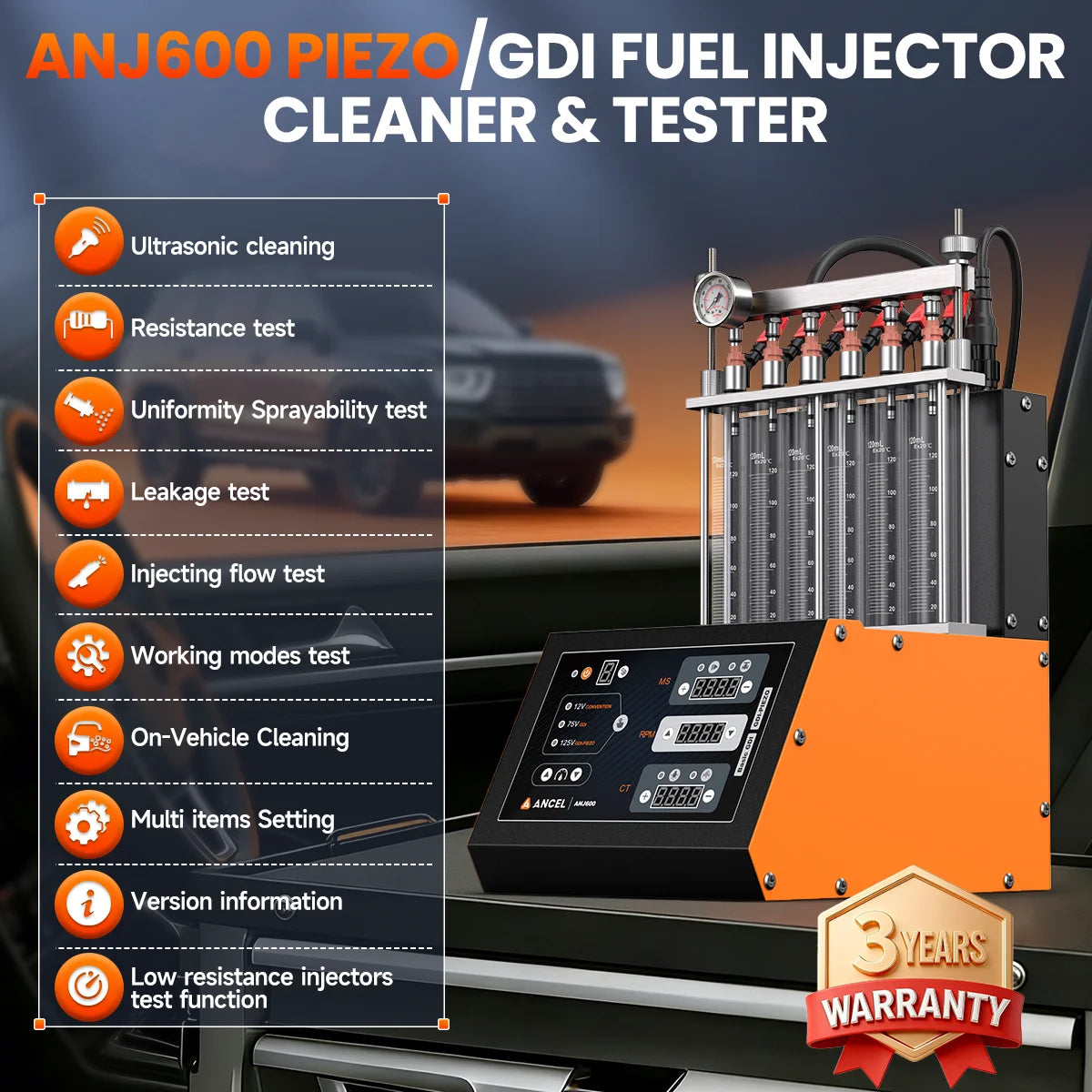 ANCEL ANJ600 PIEZO GDI Car Fuel Injector Tester Cleaner Machine Ultrasonic Cleaning EFI FEI Fuel Injectors 6-Cylinders 110V 220V