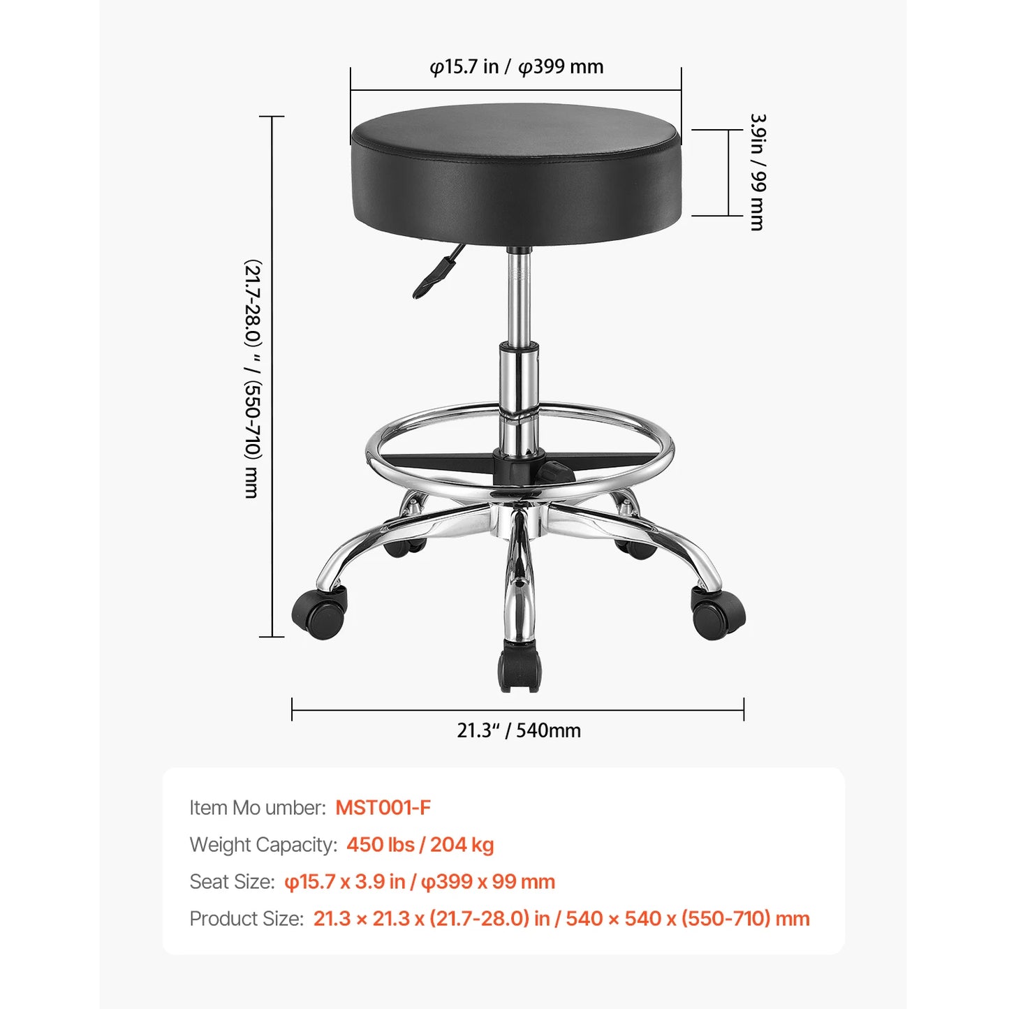 VEVOR Rolling Stool With Wheels Height Adjustable