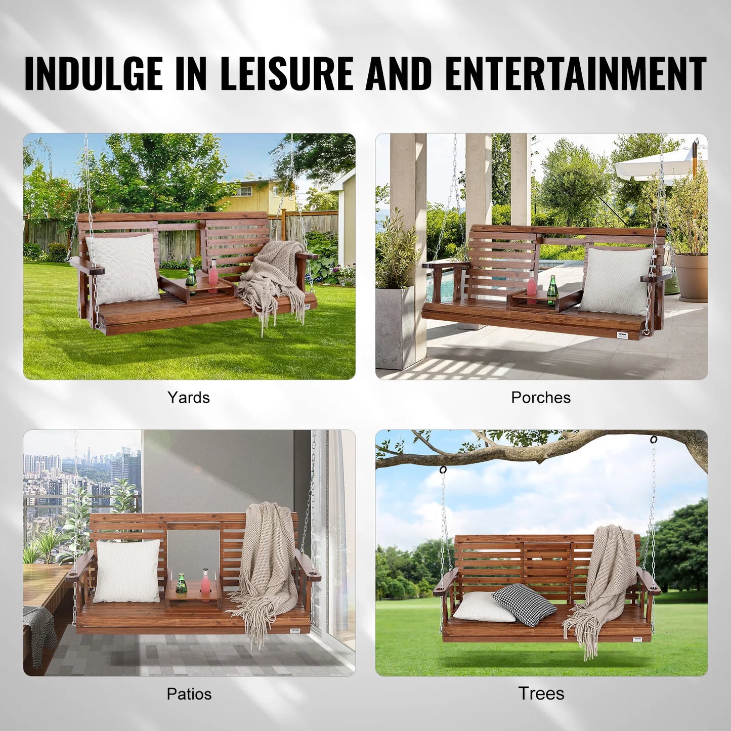 SucceBuy Wooden Porch Swing For Patio Outdoor Courtyard Load Capacity