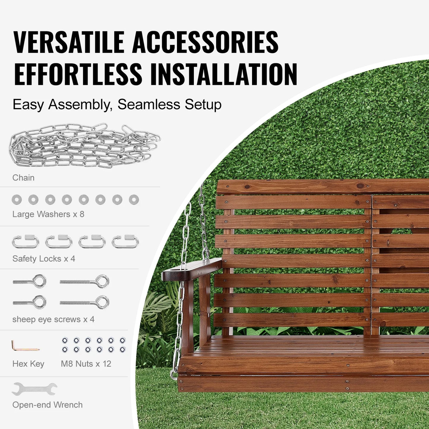 SucceBuy Wooden Porch Swing For Patio Outdoor Courtyard Load Capacity