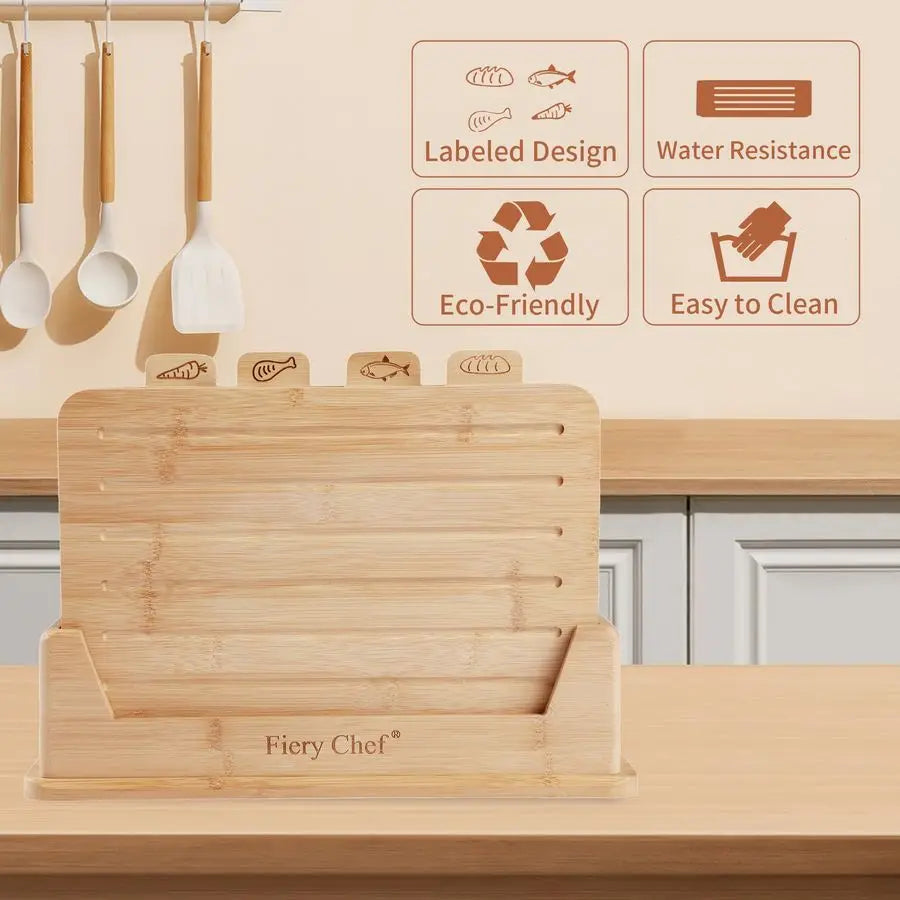 Bamboo Cutting Board Set Of 4 With Holder And Icons