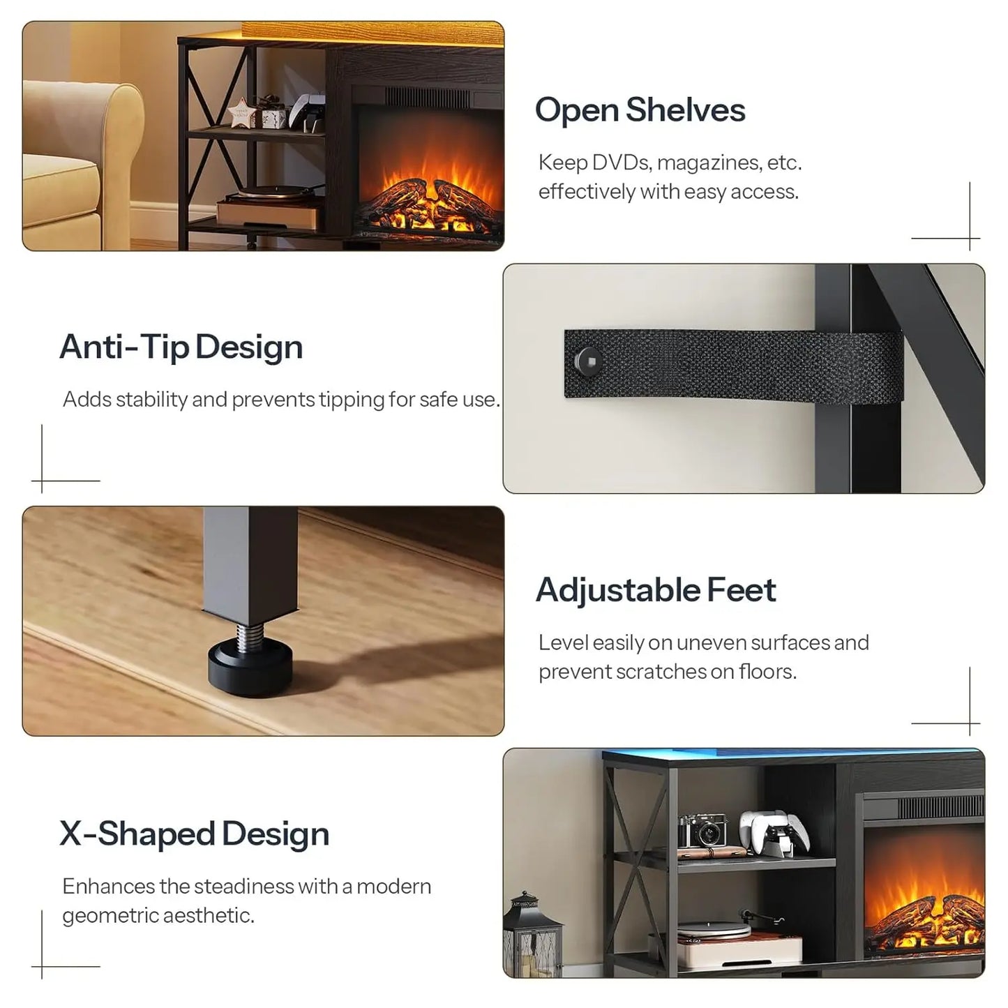 Fireplace Tv Stand With Led Lights And Charging Station